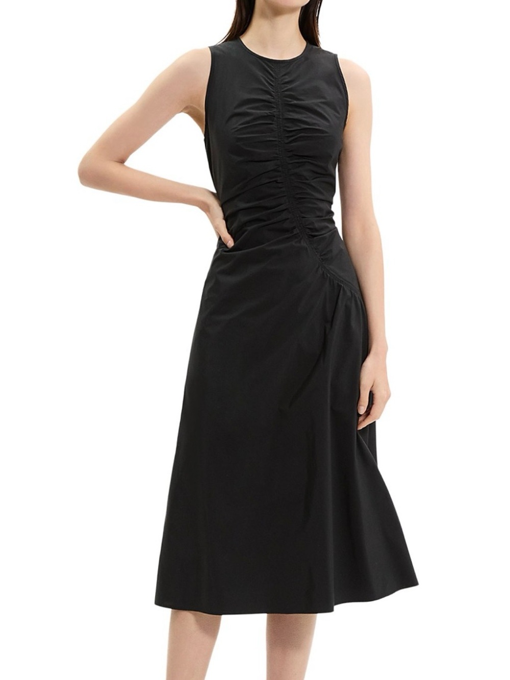 Theory Black Sleeveless Ruched Midi Dress